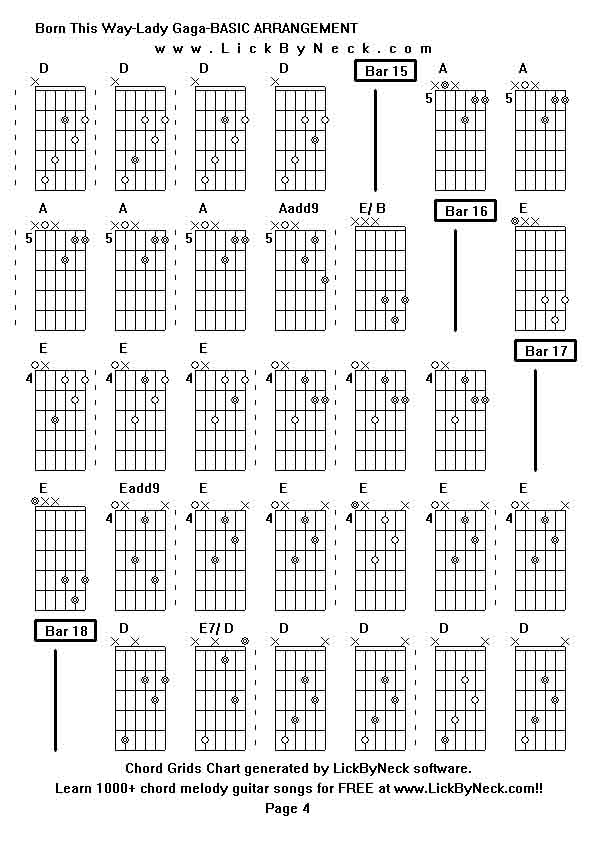 Chord Grids Chart of chord melody fingerstyle guitar song-Born This Way-Lady Gaga-BASIC ARRANGEMENT,generated by LickByNeck software.